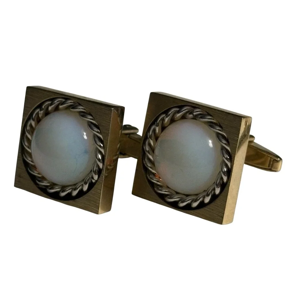 Foster Cufflinks Tie Tac Pin Set Cloudy White Round Acrylic Center Gold Tone VTG